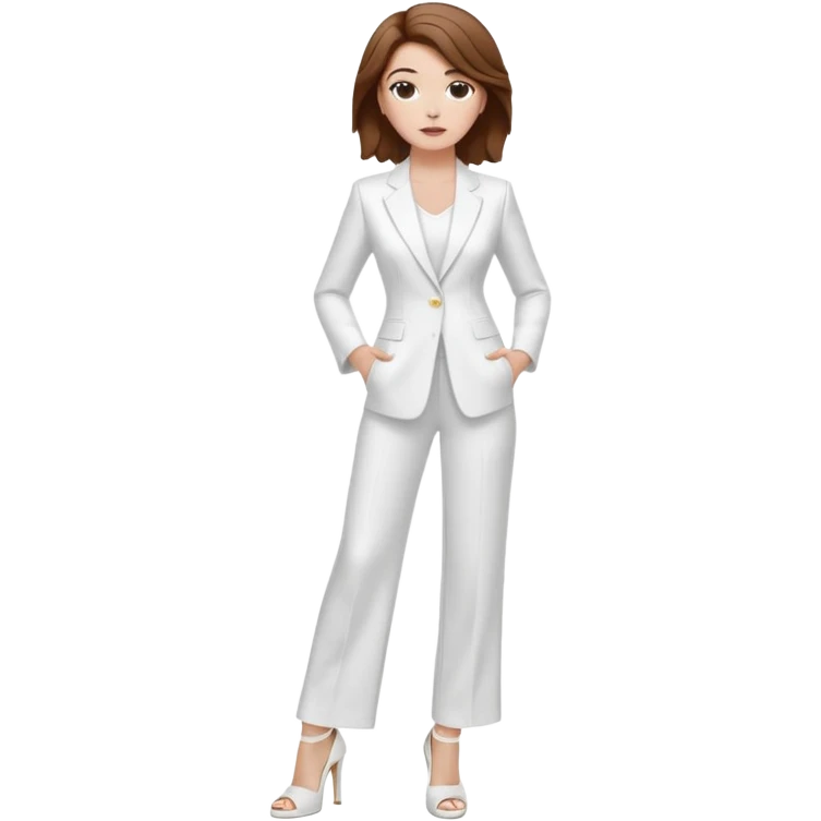 Chica blanca, traje pantalón blanco ancho, zapatos blancos tacon pelo recogido con mechones sueltos castaño ycuerpo entero emoji