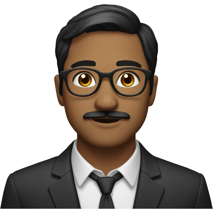 Guy with dark brown casual hair, dark brown casual moustache, wearing a suit and circular glasses emoji
