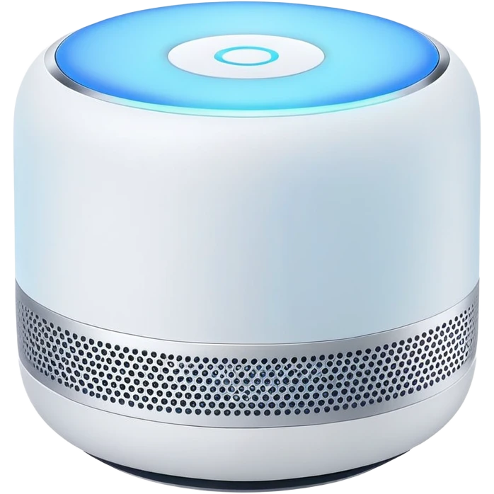Modern Apple-style smart speaker, elegant and minimalist design with soft glow on top emoji
