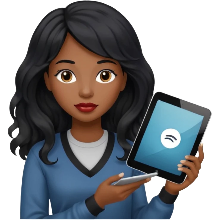 A young woman with long black hair, a wavy frange falling on half of her head.  She's black, medium to dark skinned with thick lips. She's holding something that let's us know she's the CEO of a creative agency, but she's wearing casual clothes. she has long eyelashes. emoji