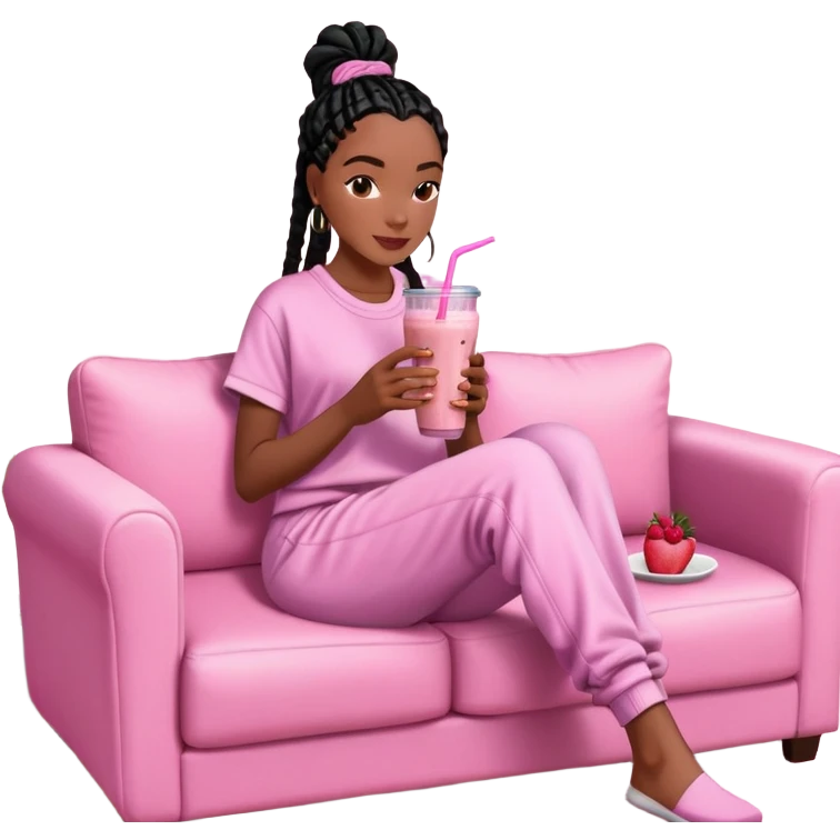 A dark-brown-skinned Black woman with black box braids, sitting on a pink couch, holding a smoothie cup with a straw, sipping and looking relaxed. She’s wearing comfy loungewear in a cozy setting. emoji