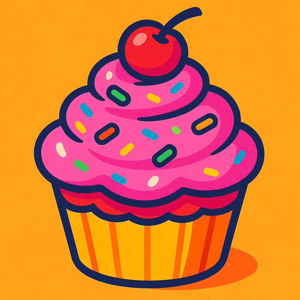 cupcake with pink icing, fun, appealing style, vibrant colors, playful emoji