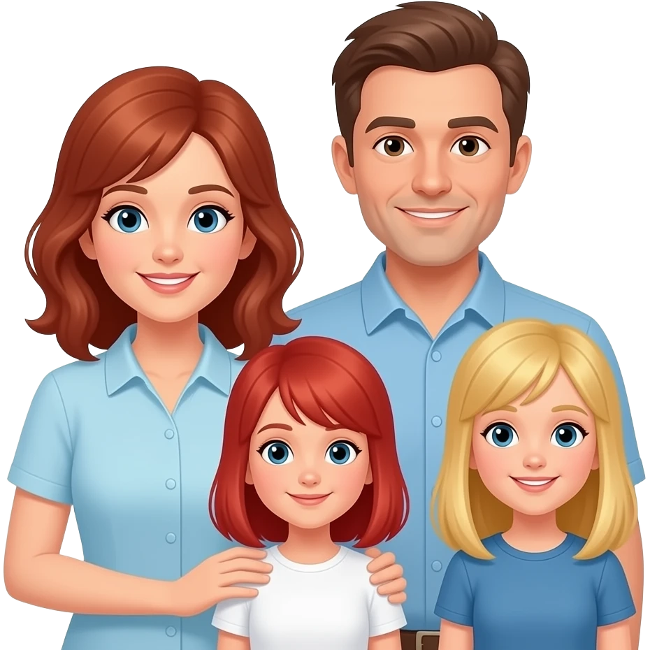 White Mom red-brown hair, brown hair Dad,  blonde 8 year old girl, Red hair 11 year Girl, blonde year old girl emoji