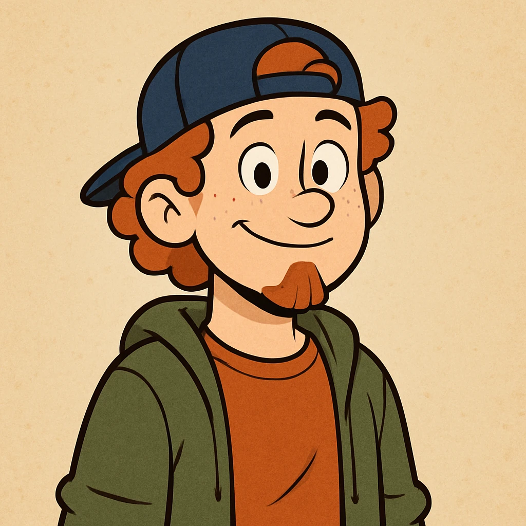 A boy with a backward cap, curly orange hair, and a goatee emoji