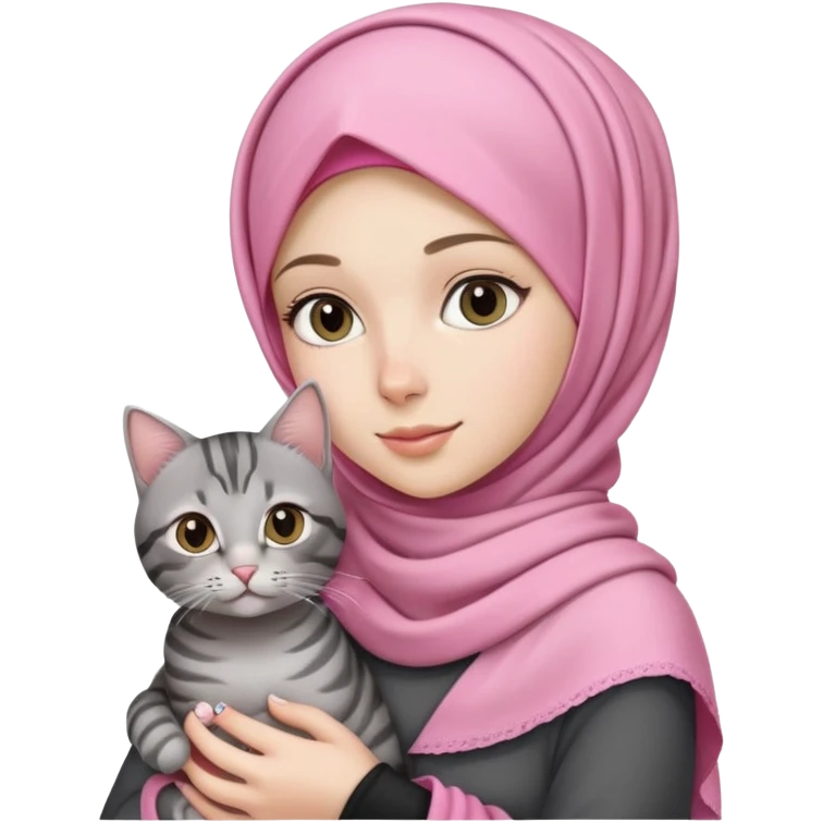 White girl wearing pink hijab holding a black and grey tabby cat emoji