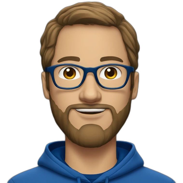 Brown hair white man with a beard and round glasses typing on apple computer wearing a dark blue nike hoodie emoji