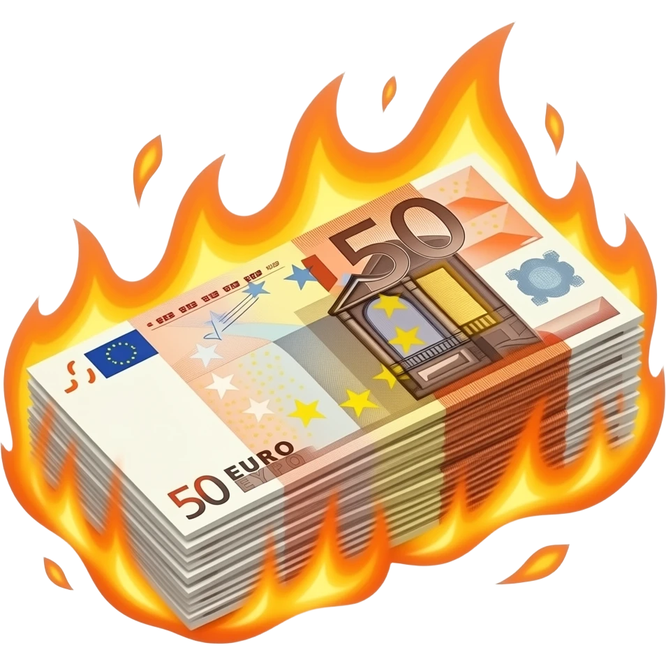 stack 50 euro banknotes burning with flames glossy reflections. Intense orange and golden-yellow flames bright white-hot cores, soft glow, translucent edges, and dynamic curling motion. Cinematic high-contrast fire lighting, ember sparks, glossy reflections. Money stack, Transparent background. emoji