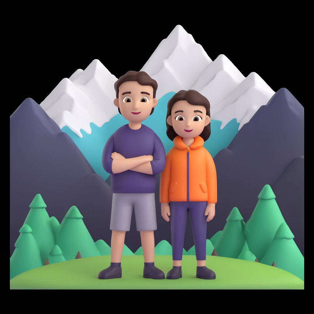 back packer couple posing, mountains in background,   close up pose emoji