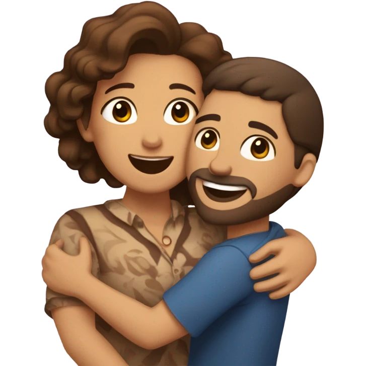 Brown-haired Puerto Rican woman with dark brown eyes wearing a cute blouse giving comforting hug to short, bald man with brown eyes, laugh lines, and a beard emoji