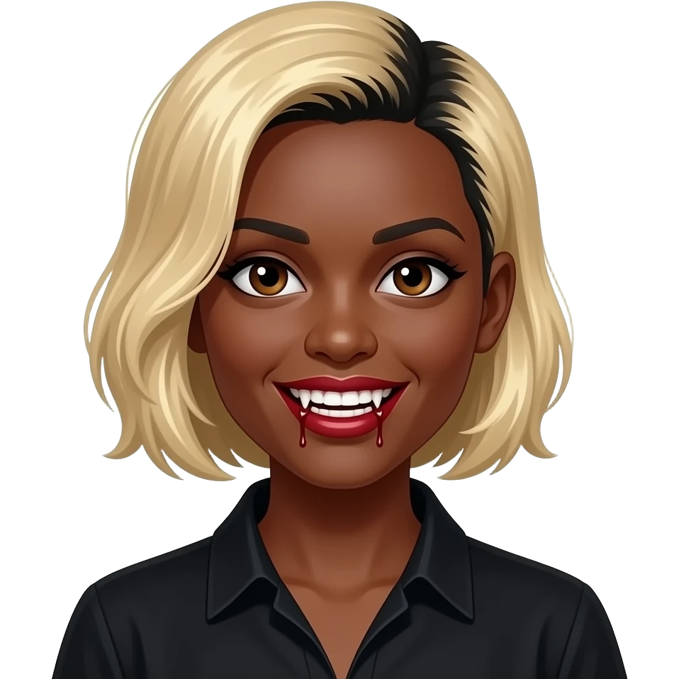 women blond medium short hair to the side with black roots, black skin, brown eyes, black shirt,  dracula teeth with blood on the fangs emoji