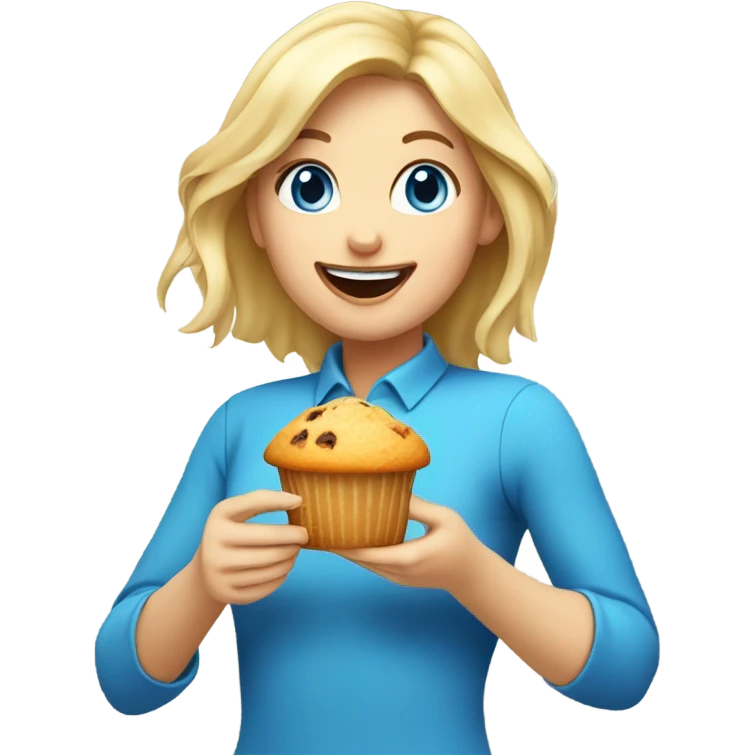 Blonde girl with blue eyes eating a muffin ￼ emoji