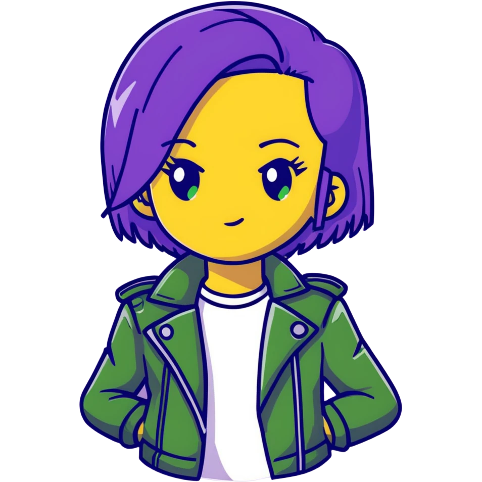Mal from Descendants, purple hair, leather jacket, green eyes emoji