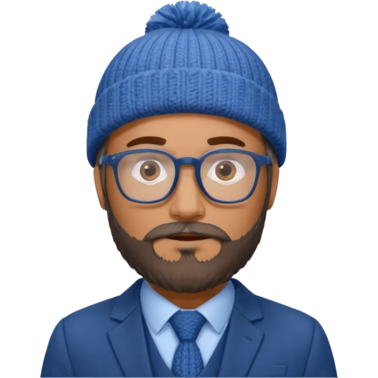 Create a figure that reflects an experienced entrepenurr but who has professional and elegant clothing, blue winter cap, grey glasses, brown eyes and an unkempt beard  emoji