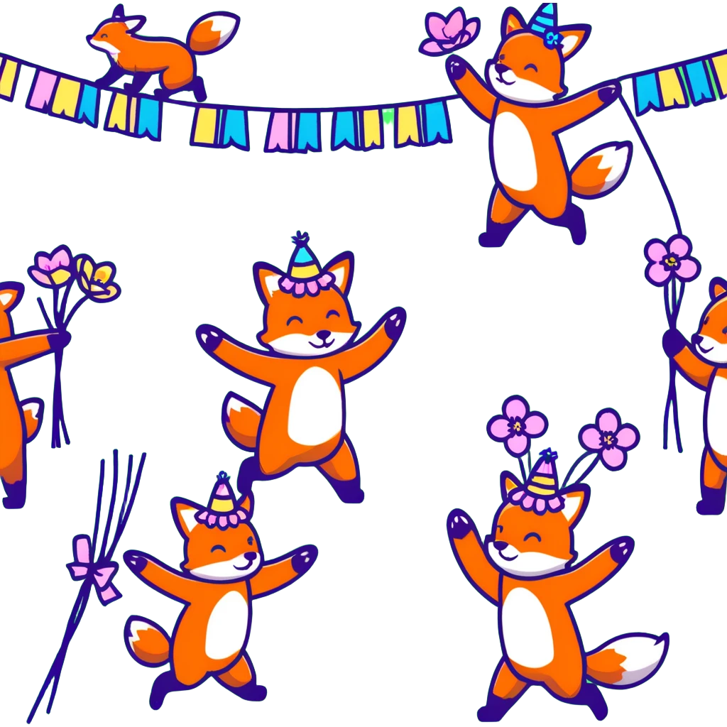 group of animals (fox, rabbit, bear) dancing around a maypole with ribbons, flower crowns, Midsommar festival atmosphere, magical spring scene emoji