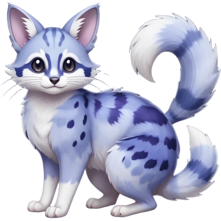  dull-colored gloomy-dark-deep-grayish-indigo-violet-gradients ghostly spectral spooky fur with random dark markings beautiful elegant pretty precious cute  Fakémon-Pokémon-opossum-feline-serval-caracal-chinchilla-Furret-Minccino-hybrid-creature with a big fluffy bushy tail (full body) emoji