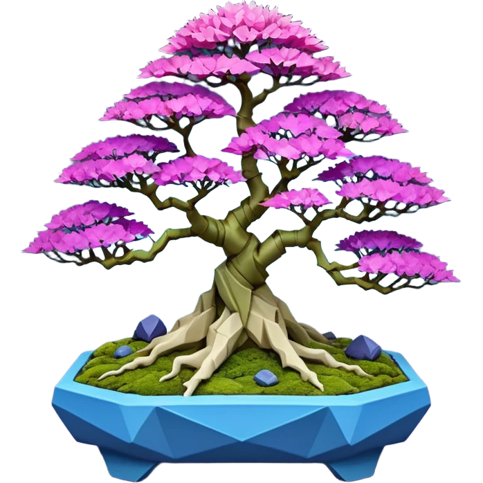 Futuristic wild glowing et alien moss maples Bonsai hair-fine-leaf group crimson crystal boxwood purple and cream pink blue informal rocky cliffhanger eight tree forest planting in shallow origami slab style pot with big feet  emoji