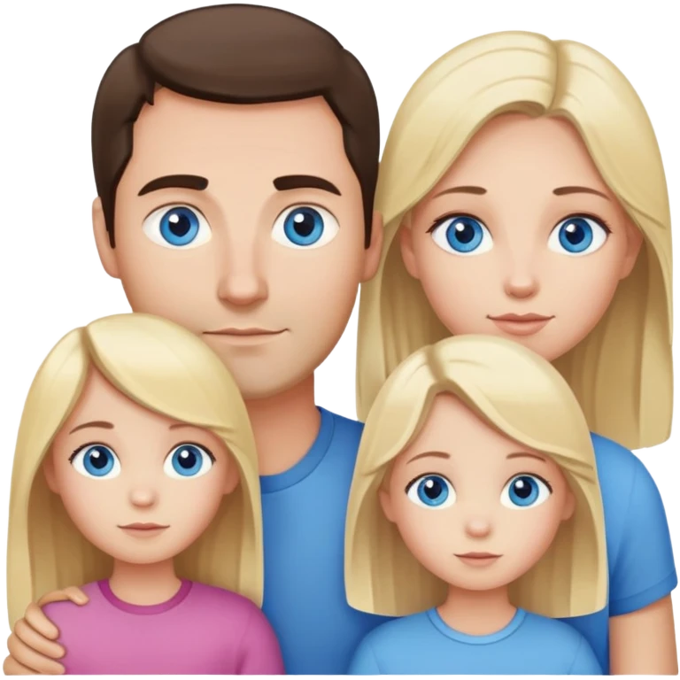 Family portrait with father with dark brown hair and blue eyes, mother with light brown hair and blue eyes, three blonde little girls with blue eyes emoji