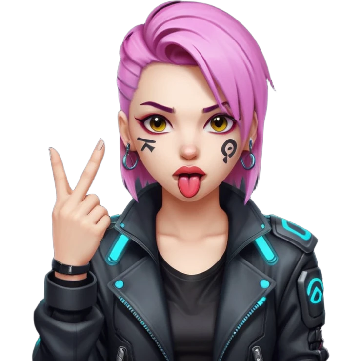 Woman with her tongue out in cyberpunk clothing and giving the middle finger. Looking naughty. emoji