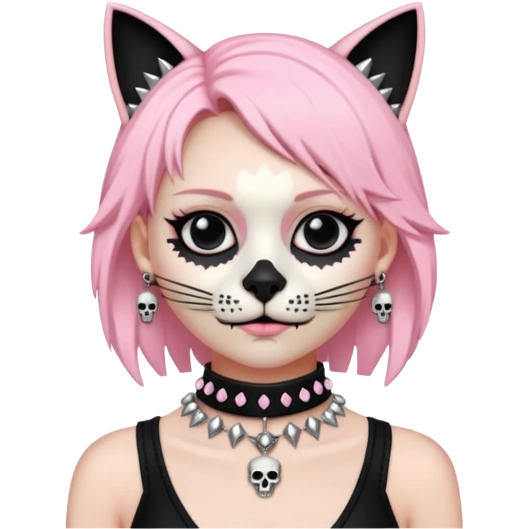 Thick black beaded choker with cat skull, silver spikes and light pink  emoji