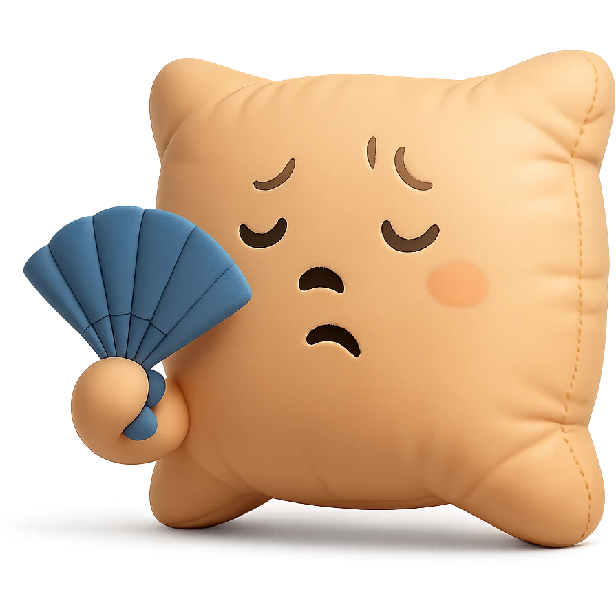 plush cushion face fanning itself, hot weather, stylized and cute, cushion style emoji