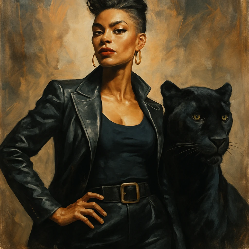 a confident woman with a panther at her side, strong, bold style, detailed, artistic emoji