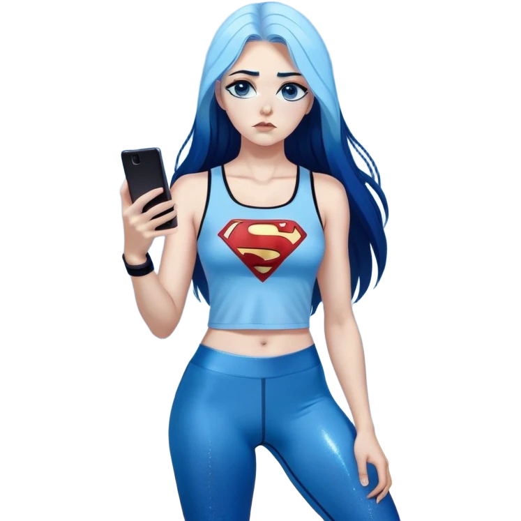 Shameful disappointed crying-very very very very big chest-texting on a samsung cell phone-very long straight flowing black to sky blue hair ombre-blue eyes-black eyeliner-long eyelashes-plastic sparkling sky blue very low cut tank top with sparkling superman logo-black leggings-nike sneakers emoji
