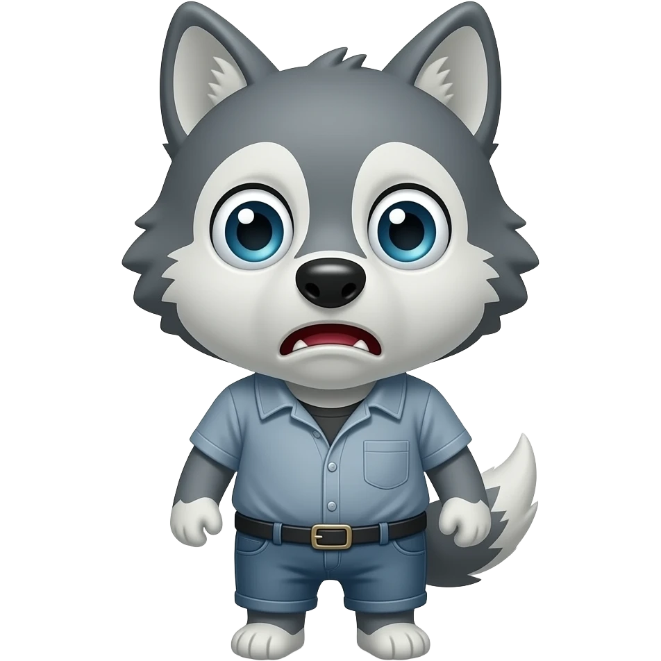 A little gray wolf shaped like a little human, dressed in gray, looking at us because he's very terrified. emoji