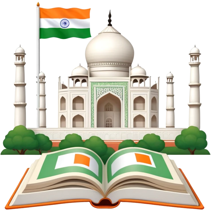 An icon featuring the Taj Mahal and the flag of India, symbolizing the Hindi language. The design includes an open book with hindi text, representing language learning and cultural richness. Transparent background highlights the heritage of India. emoji
