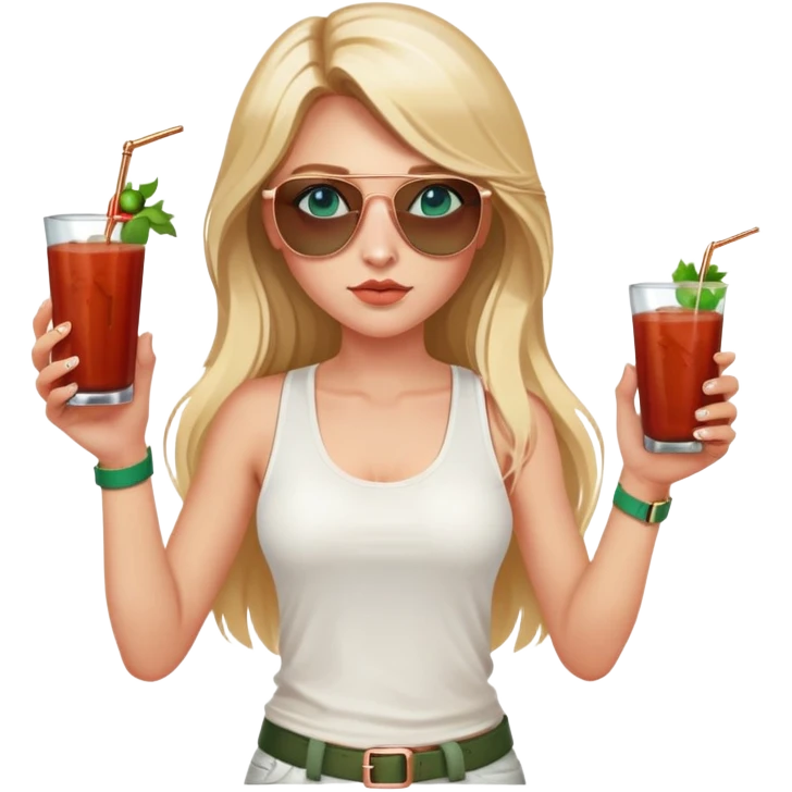 girl with long blond hair
with blue eyes
and aviator sunglasses
wearing white tank top 
holding bloody mary
wearing (rose gold apple watch with forest green band) emoji