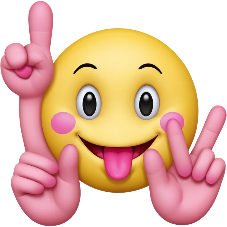 The image is a digital illustration of a yellow smiley face with big, round eyes and a big smile. The face is holding a pink tongue sticking out and making a 67 with its fingers. Above the face, The background is white. Like this but get rid of the text emoji