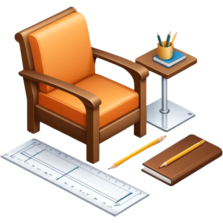 Icon for Furniture Design: a furniture drawing with 3D models of furniture pieces placed on top, accompanied by rulers and a pencil. The icon should represent the design process with focus on precision and modeling. Transparent background. emoji