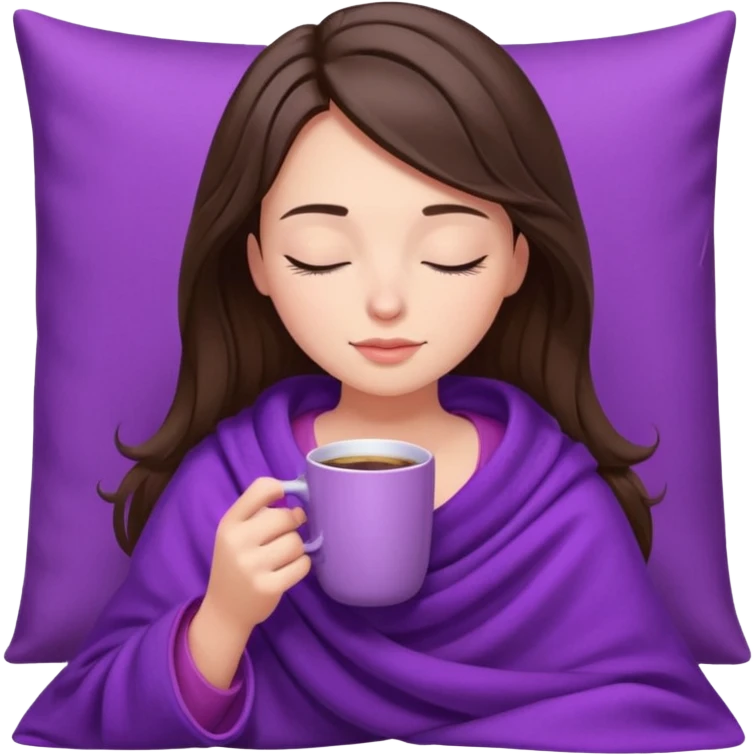 girl brunette inside a violet blanket sipping coffee from pink mug eyes closed iphone style emoji