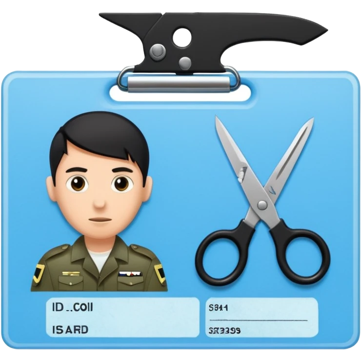 black Scissors cutting a light blue idf soldier ID card in 2 parts .hyper realistic emoji