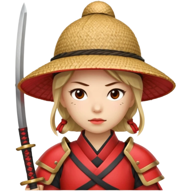 Samurai with straw hat, Warrior in red samurai armor, female, with katana emoji
