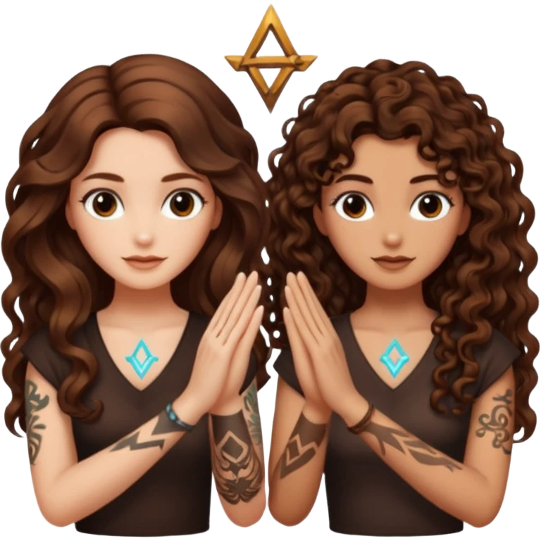 shared idea — long wavy brown hair tattooed woman and short tight curly brown hair woman — glowing rune between hands emoji
