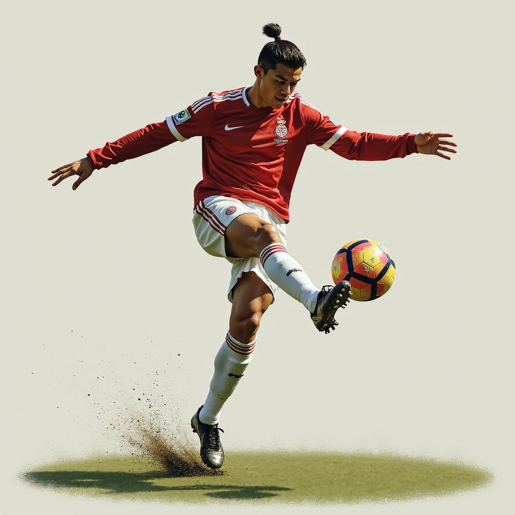 realistic illustration of a football player inspired by Cristiano Ronaldo performing a bicycle kick, photorealistic style emoji