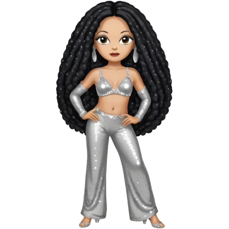 Diana Ross with long black hair, silver sequin bra, silver sequin baggy pants emoji