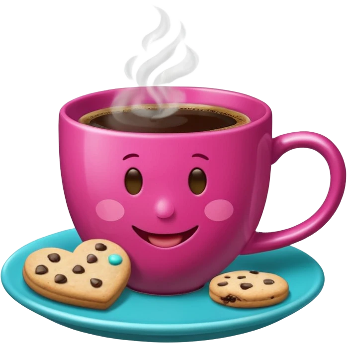 cup of coffee, steaming, the smoke should come out in the shape of a heart, the color of the cup is fuchsia, the cup has a happy face printed on it, the cup rests on a turquoise blue plate, and there are cookies and sugar cubes around the cup. emoji