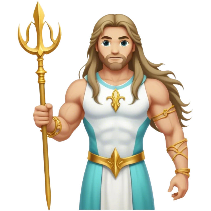 Muscular aqua colored long hair man white dress gold bracelet holding trident emoji