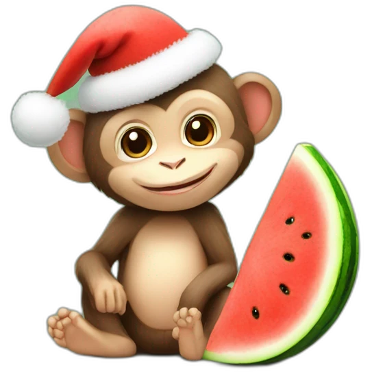 baby monkey with a watermelon with christmas hat emoji