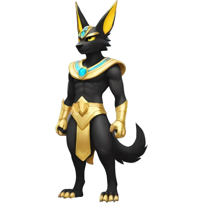 Black godly overpowered ethereal majestic Egyptian Lucario-Umbreon-Cat. Golden Anubis-Rings and yellow ring-markings. Full body emoji