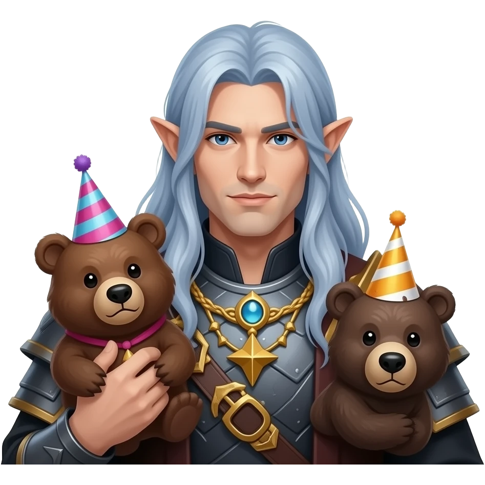 male elf battle monk with long blue silver hair holding bear and wearing a birthday hat emoji