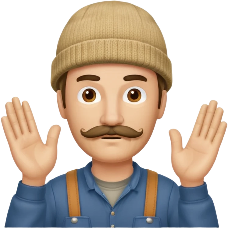 Woodworker thick mustache knit cap Carharttk shirt hand raised above head emoji