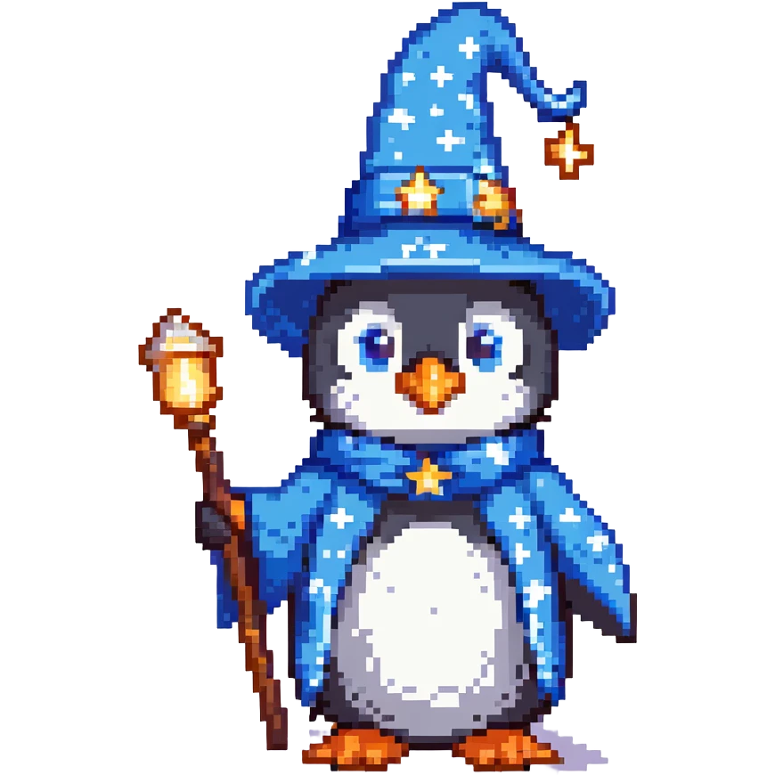 penguin wizard wearing a blue robe and starry hat emoji