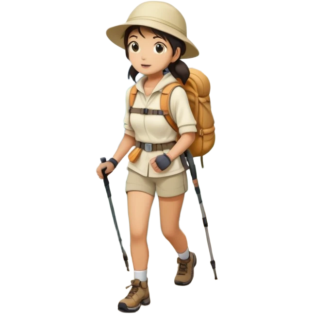 Full body japanese woman hiking on mountain trail cream clothes emoji