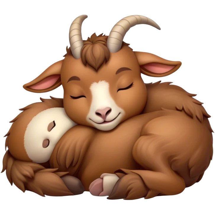 Meme-Worthy Cute Sleeping Brown Goat Portrait Emoji, Head resting peacefully with a contented smile, showcasing a robust build and a luxuriously soft brown fur, eyes shut in a serene, restful nap, Simplified yet hilariously adorable features, highly detailed, glowing with a soft, drowsy light, high shine, relaxed and utterly lovable, stylized with an air of playful laziness, bright and heartwarming, soft glowing outline, capturing the essence of a comically sleepy goat, so meme-worthy it feels like it could instantly become the next viral sensation of adorable slumber! emoji