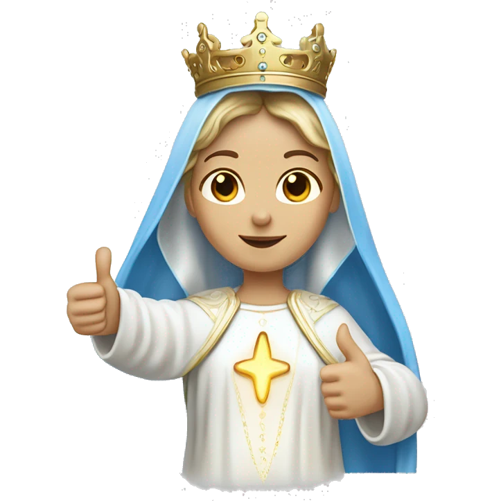 blessed virgin mary with one hand thumb up, with white skin, with blue veil and white clothes, with crown, with halo, with light brown hair emoji