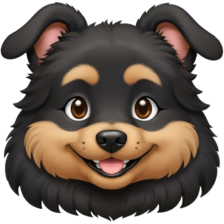All black dog, soft fur, fluffy ears, smiling face, small bit of white in her chest  emoji