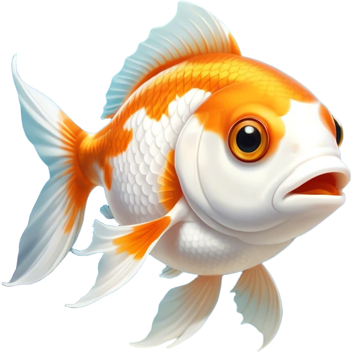 Cinematic Noble Orange and White Goldfish Portrait Emoji, Poised and regal, with a sleek, streamlined build and a vibrant body featuring a harmonious blend of orange and white hues, deep-set soulful golden eyes, Simplified yet sharp and sophisticated features, highly detailed, glowing with a soft, dignified glow, high shine, intelligent and graceful, stylized with an air of aquatic artistry, focused and attentive, soft glowing outline, capturing the essence of a watchful and confident aquatic companion, so majestic it feels as though it could glide out of the screen with effortless authority! emoji