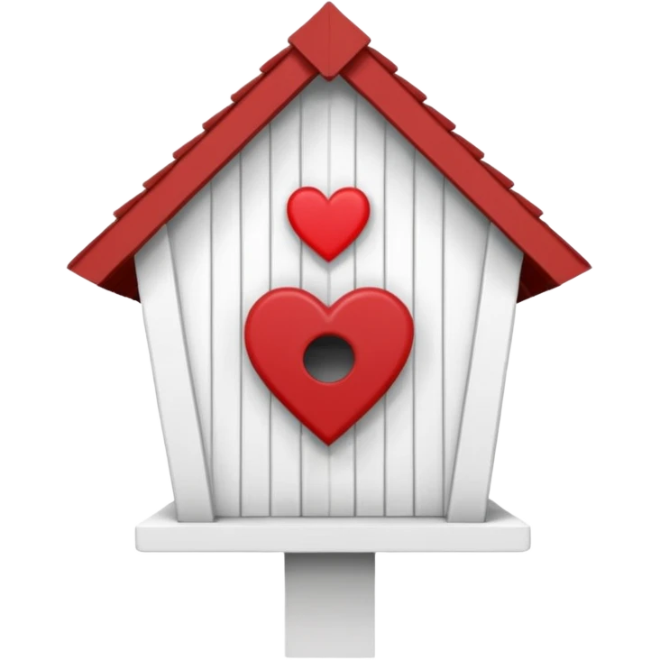 a birdhouse with a normal circular hole and a red roof with the rest white and a heart at the top but below the roof emoji